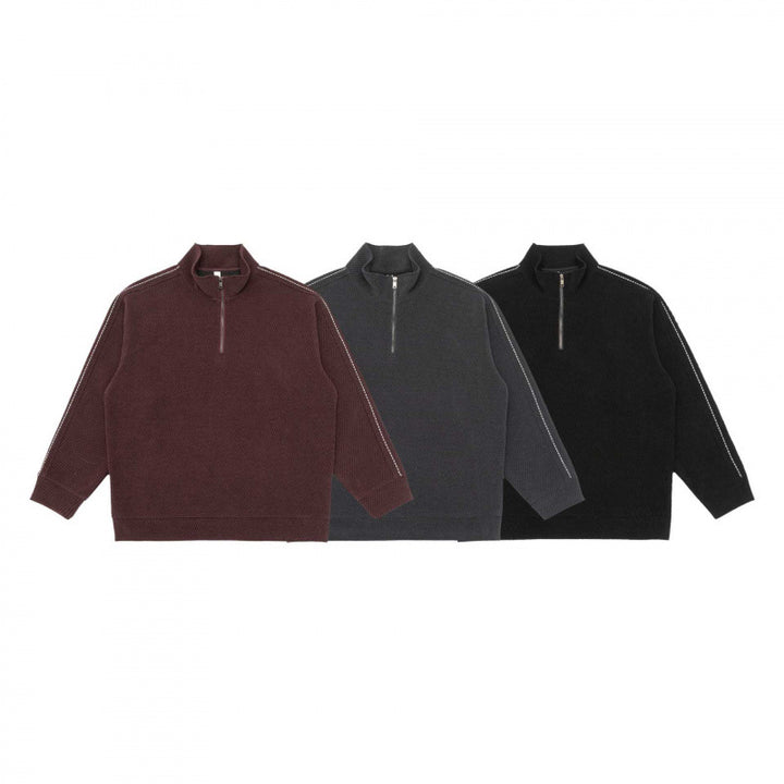 Unisex Short-Cut Structured Knit Half-Zip Sweater with Distinctive Contrast Stitch Mune Fashion