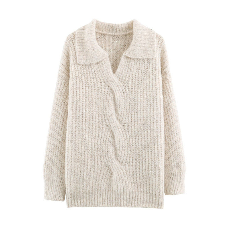 Women's Glittering Oversized Knit Sweater with Lapel Collar and Sequin Trim Mune Fashion