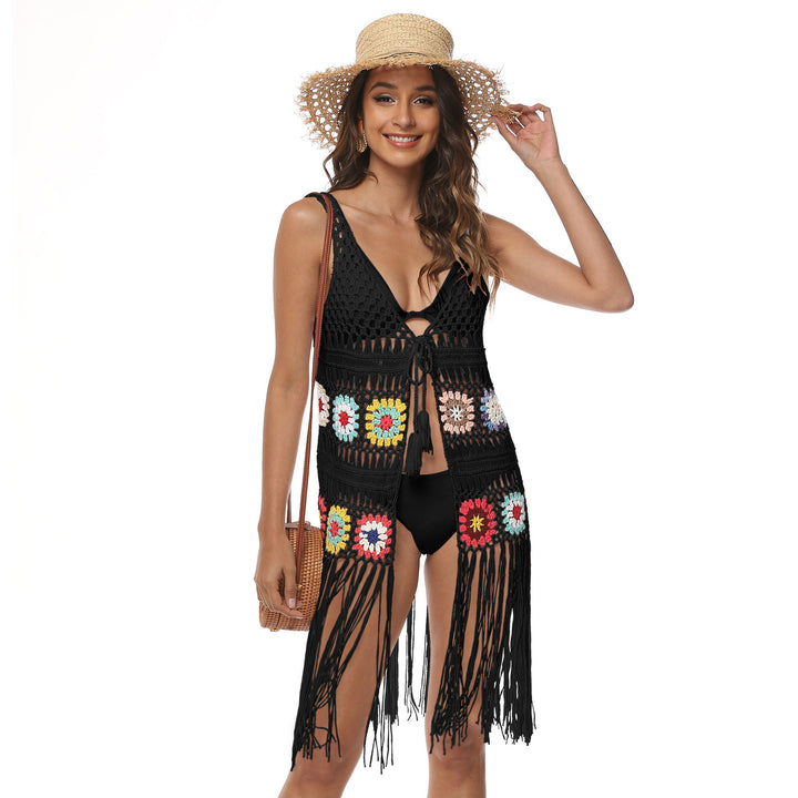 Women's Crochet Beach Cover-up with Colorful Fringes Mune Fashion