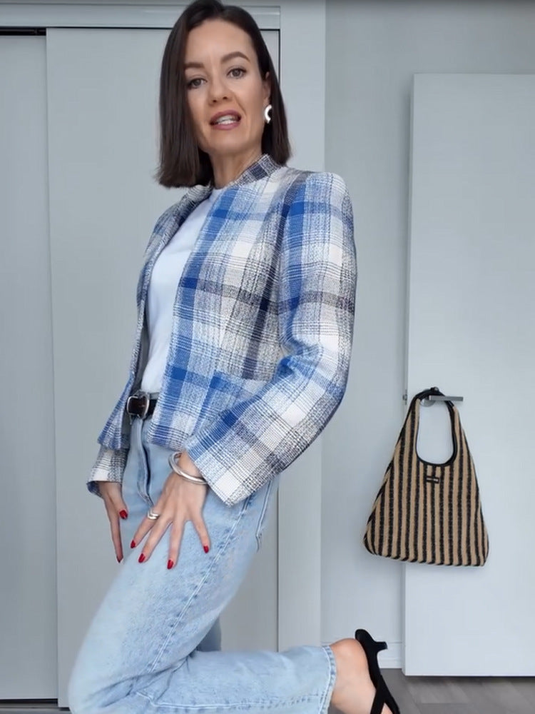 Women Boxy Checkered Short Blazer with Stand-Up Collar and Structured Shoulder Mune Fashion