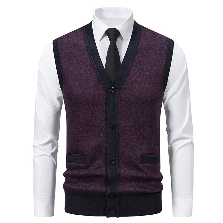 Men's fine-knit vest with V-neck, button placket and diamond pattern Mune Fashion