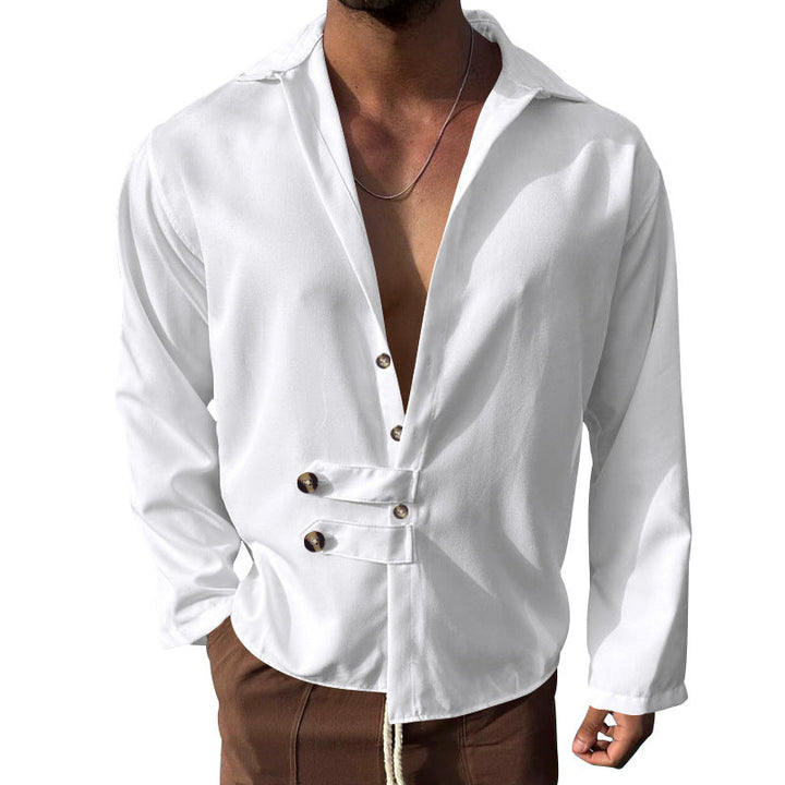 Men's Elegant Shirt with Innovative Button Design and Deep V-Neck Mune