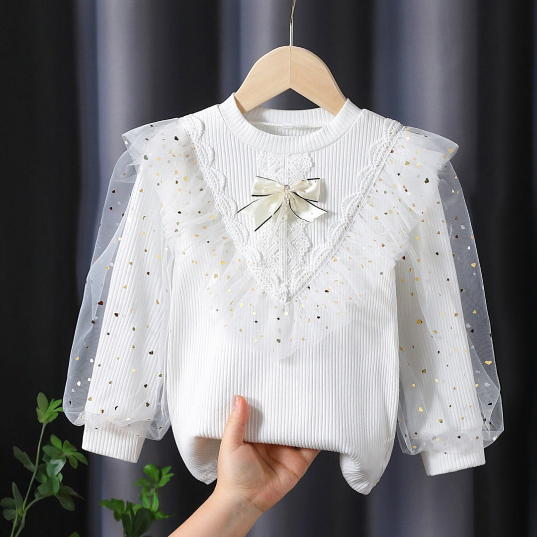 Girl long sleeve shirt with decorative tulle sleeves and lace applications Mune Fashion