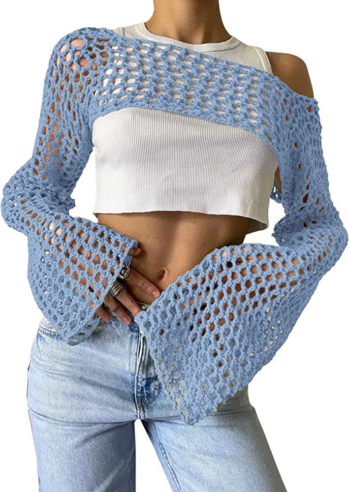 Women's Crocheted Long Sleeve Top with Off-Shoulder Design Mune Fashion