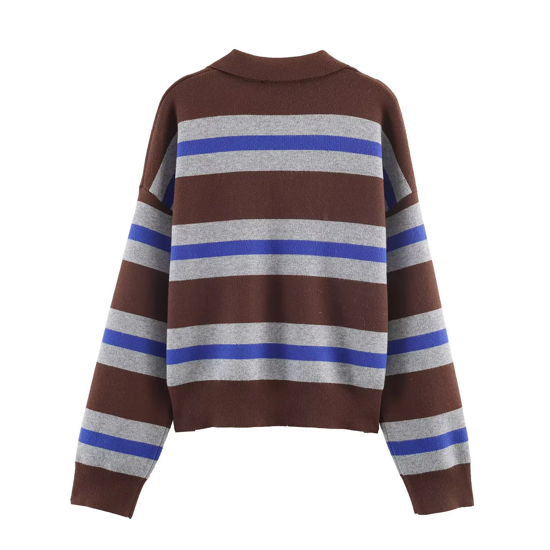 Women's oversized rugby pullover with polo collar, V-neck and wide stripes Mune Fashion
