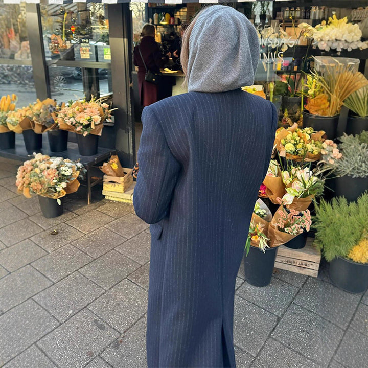 Women Long Cut Double Breasted Pinstripe Coat with Notch Collar Mune Fashion