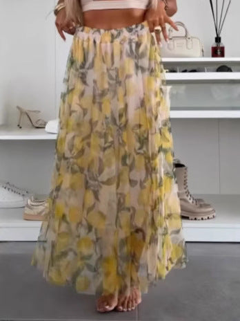 Women's flowing maxi skirt with layered chiffon overlay, elastic waistband and fine floral print Mune Fashion