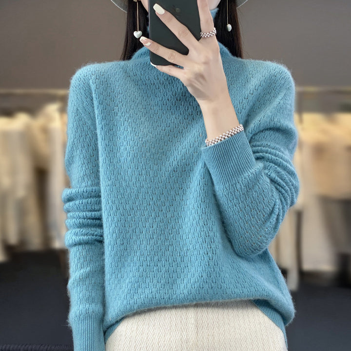 Women's soft fine-knit mock neck sweater with fluffy mohair look, delicate honeycomb structure and casual oversized fit Mune Fashion