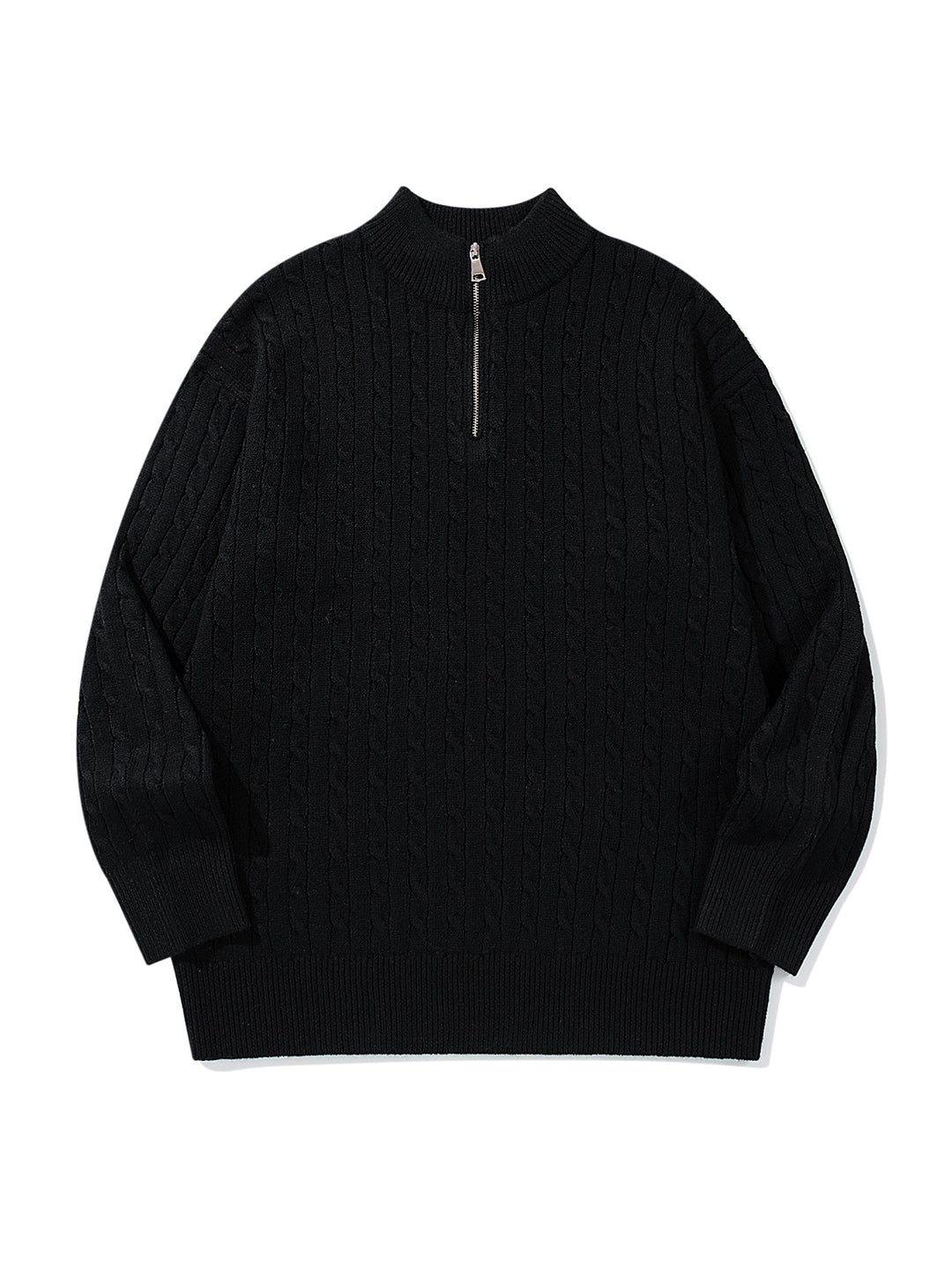 Unisex Cable Pattern Half-Zip Knit Sweater with High Ribbed Collar and Longer Hem Down