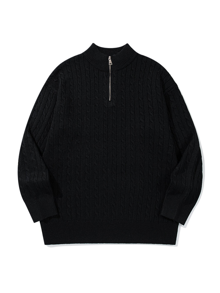 Unisex Cable Pattern Half-Zip Knit Sweater with High Ribbed Collar and Longer Hem Down