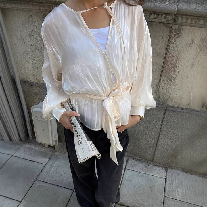 Women Elegant Wrap Blouse with Tie Belt and Voluminous Balloon Sleeves Mune Fashion