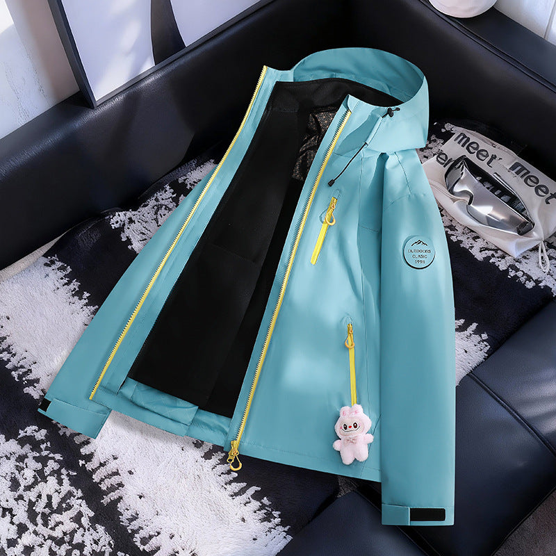 Women Lightweight Waterproof Hooded Jacket with Teddy Charm and Concealed Zipper Pockets Mune Fashion