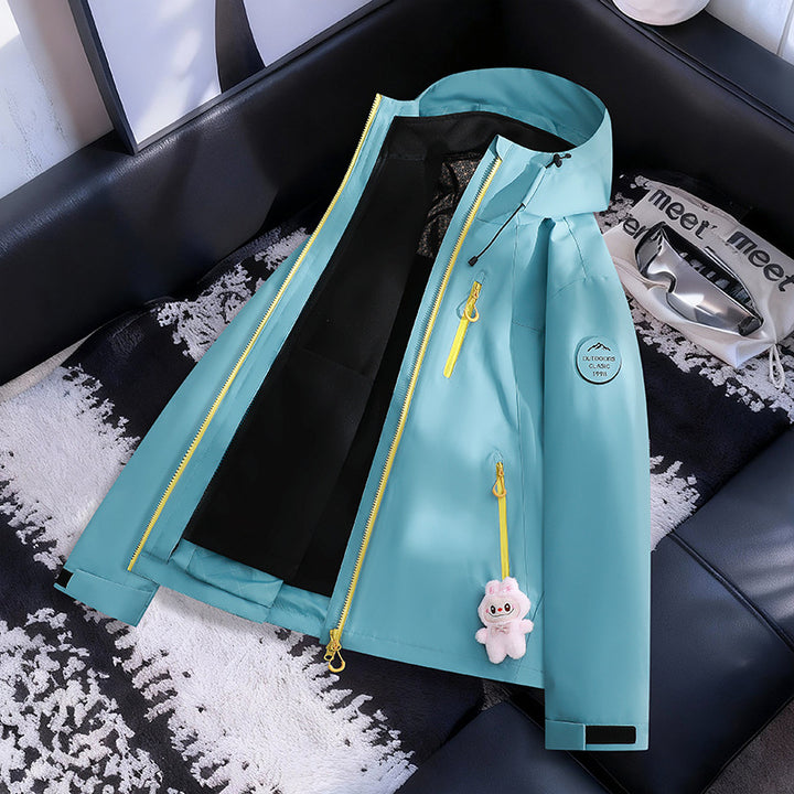 Women Lightweight Waterproof Hooded Jacket with Teddy Charm and Concealed Zipper Pockets Mune Fashion