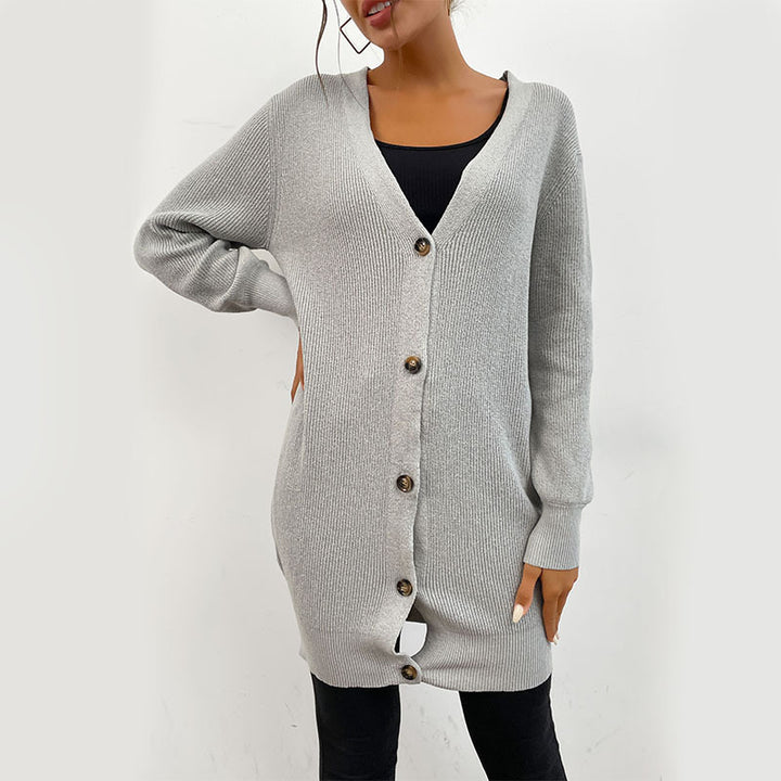Women's Oversize Long Cardigan made of soft fine knit with deep V-neck and button placket Mune Fashion