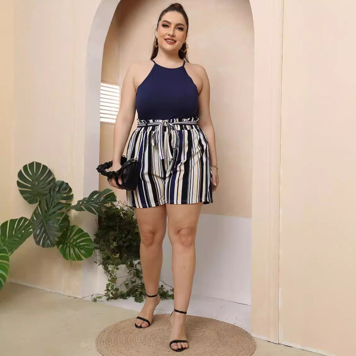 Women's striped summer shorts with elastic waistband and waist tie.