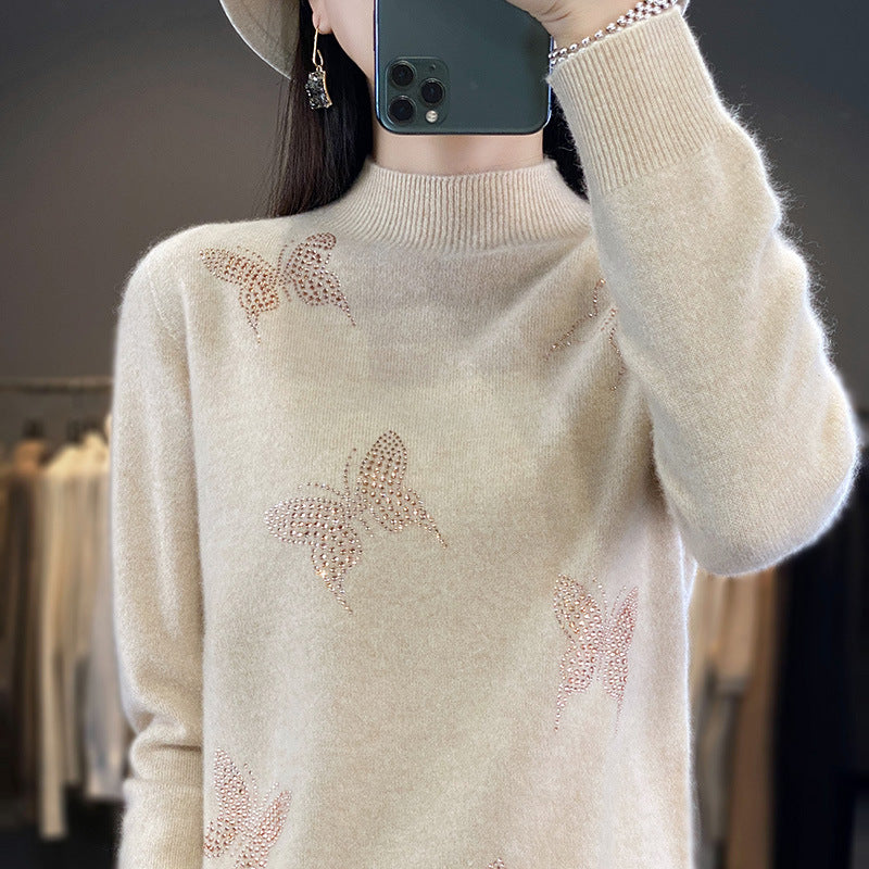 Women Stand Collar Fine Knit Sweater with Rhinestone Butterfly Application Mune Fashion