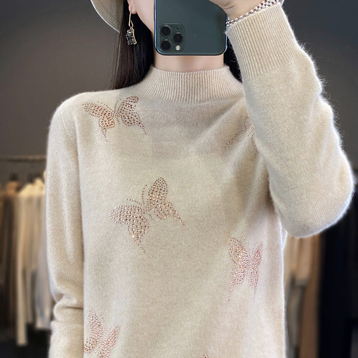 Women Stand Collar Fine Knit Sweater with Rhinestone Butterfly Application Mune Fashion