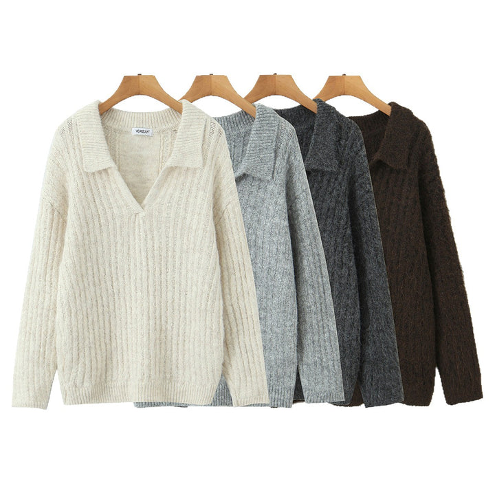 Women's Oversized Chunky Knit Set with Polo Collar and Midi Skirt Mune Fashion