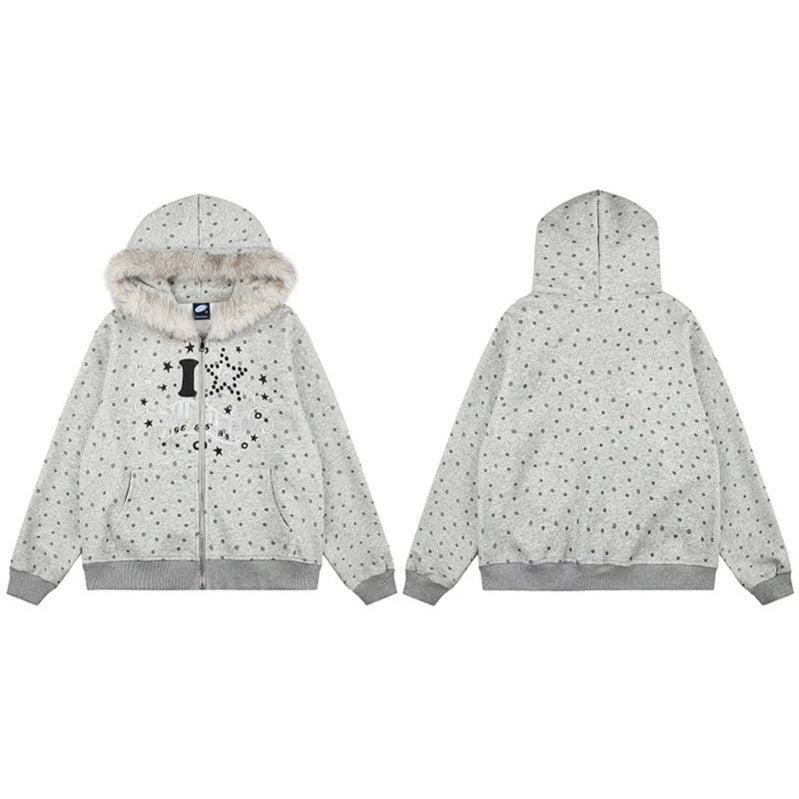 Women's Polka Dot Hooded Sweat Jacket with Faux Fur Trim, Full Zip and Kangaroo Pockets Mune Fashion