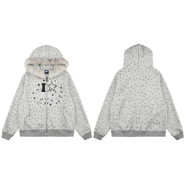 Women's Polka Dot Hooded Sweat Jacket with Faux Fur Trim, Full Zip and Kangaroo Pockets Mune Fashion