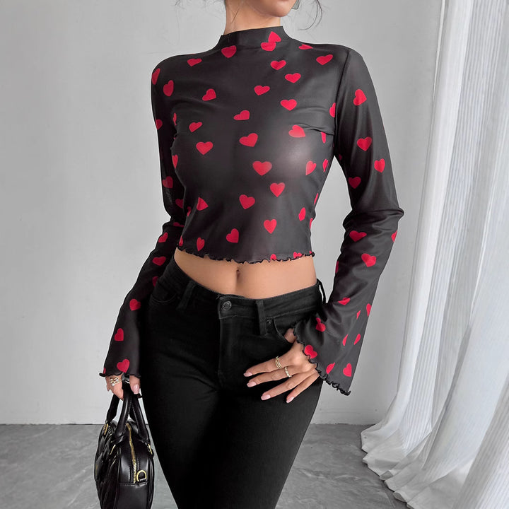 Women's transparent Paisley mesh crop top with high collar, trumpet sleeves, and wavy hem Mune Fashion