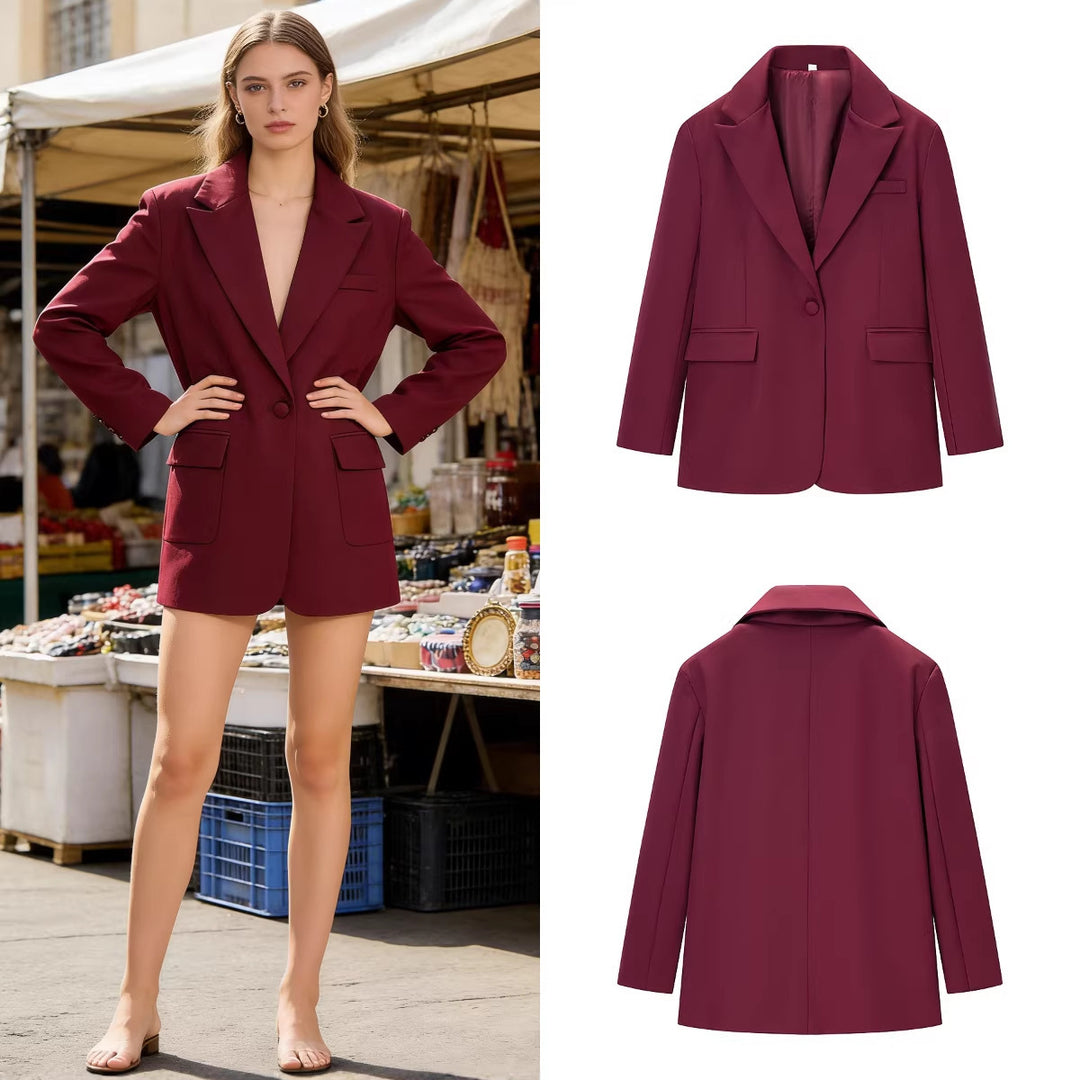 Women's Casual One-Button Blazer with Lapel Collar, Flap Pockets and Satin Lining Mune Fashion