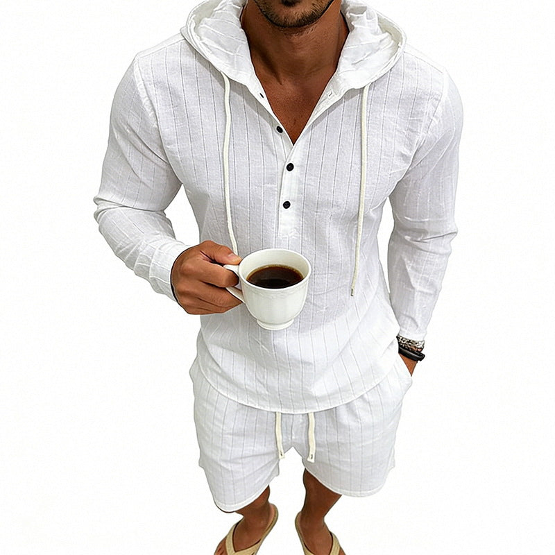 Men's striped linen-look hooded Henley set with drawstring shorts Mune Fashion