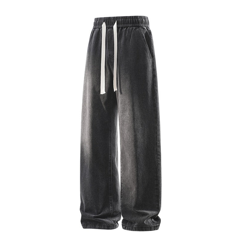 Men's Wide Denim Casual Pants with Elastic Waistband, Drawstring & Relaxed Baggy Silhouette Mune Fashion