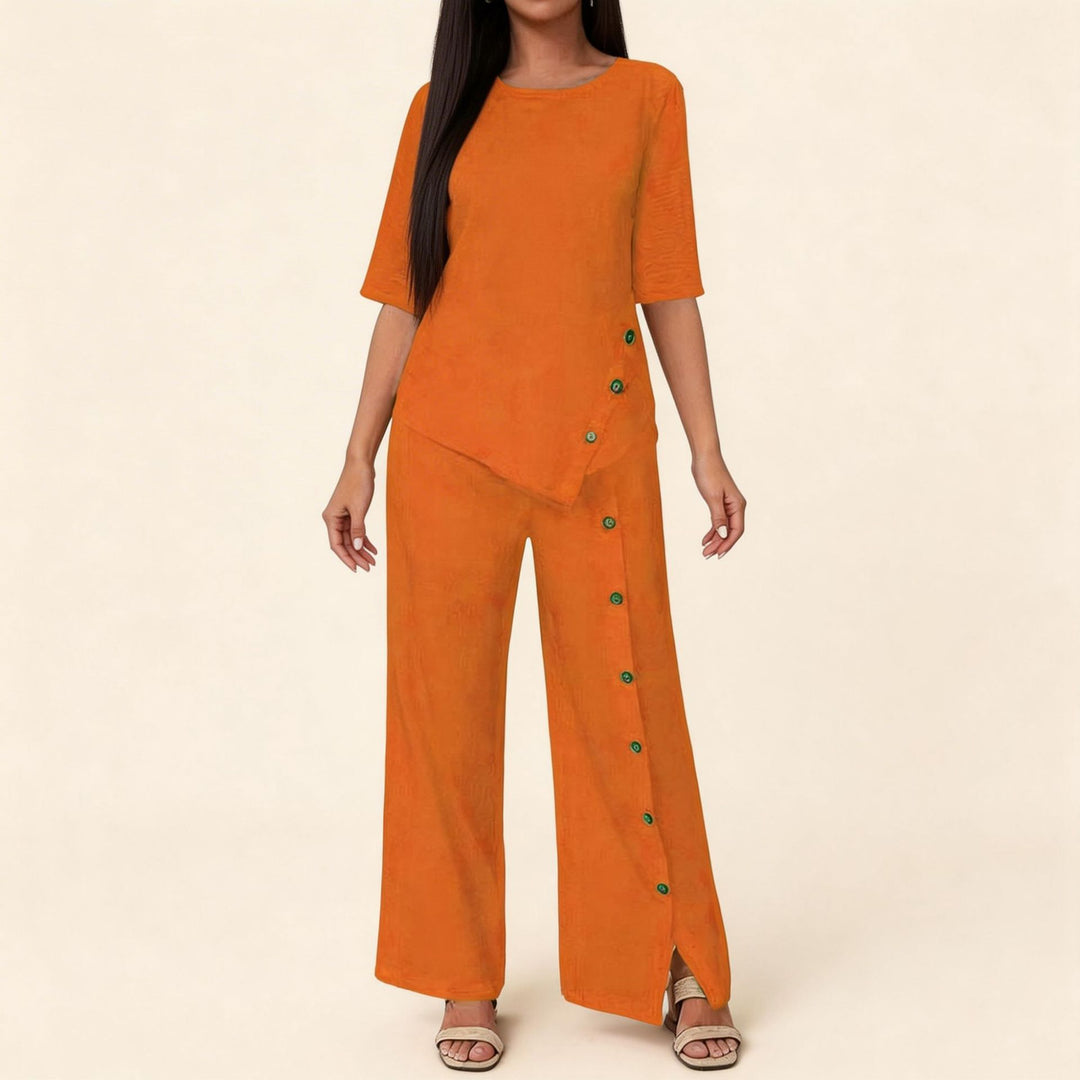 Women's asymmetric two-piece lounge set with 3/4 sleeves and side button decoration Mune Fashion