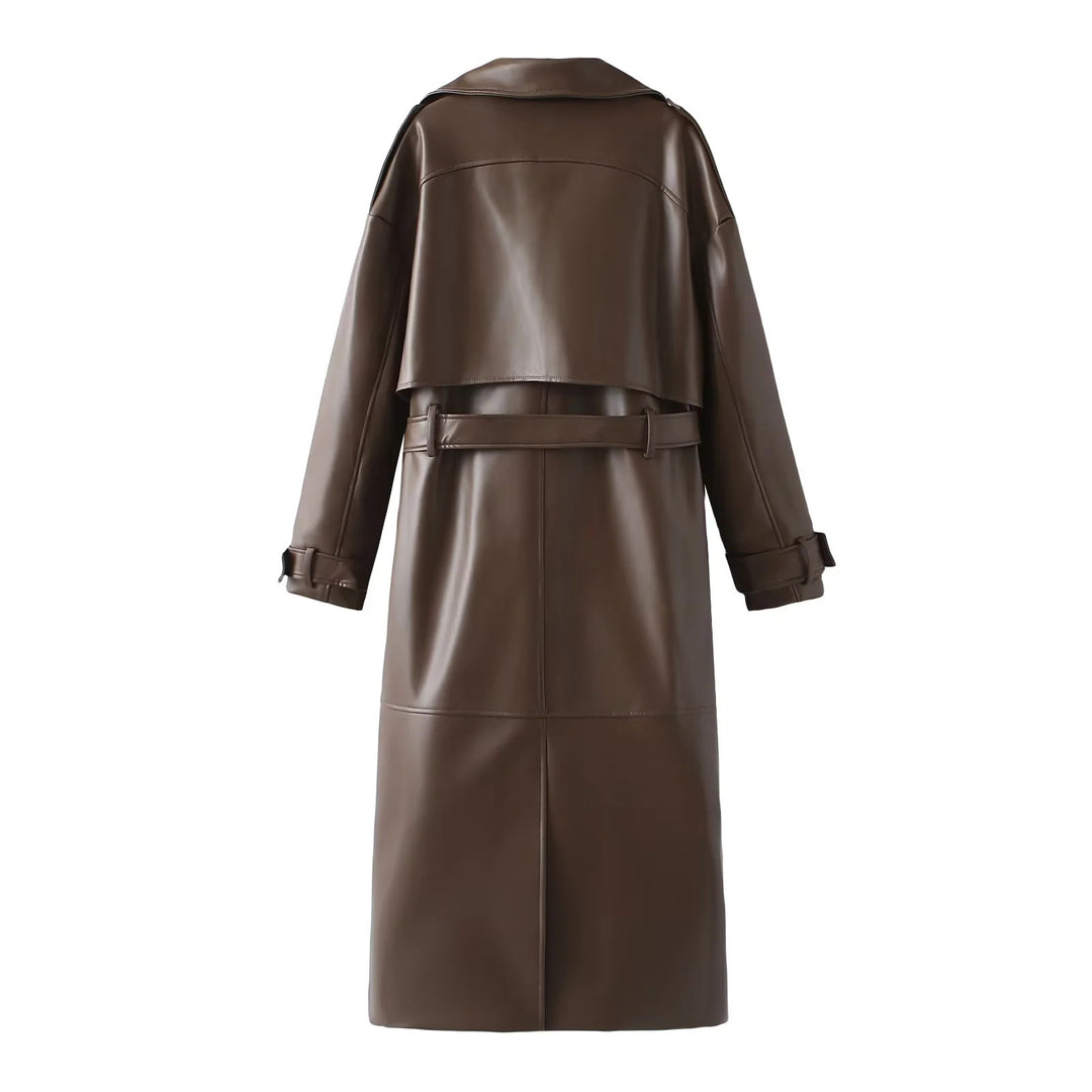 Women nan tailored vegan trench coat made of leather imitation with shawl collar and tie belt Mune Fashion