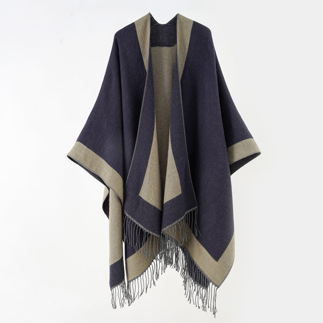 Women Ruana Poncho with Fringe Hem and Herringbone Weave Structure Mune Fashion