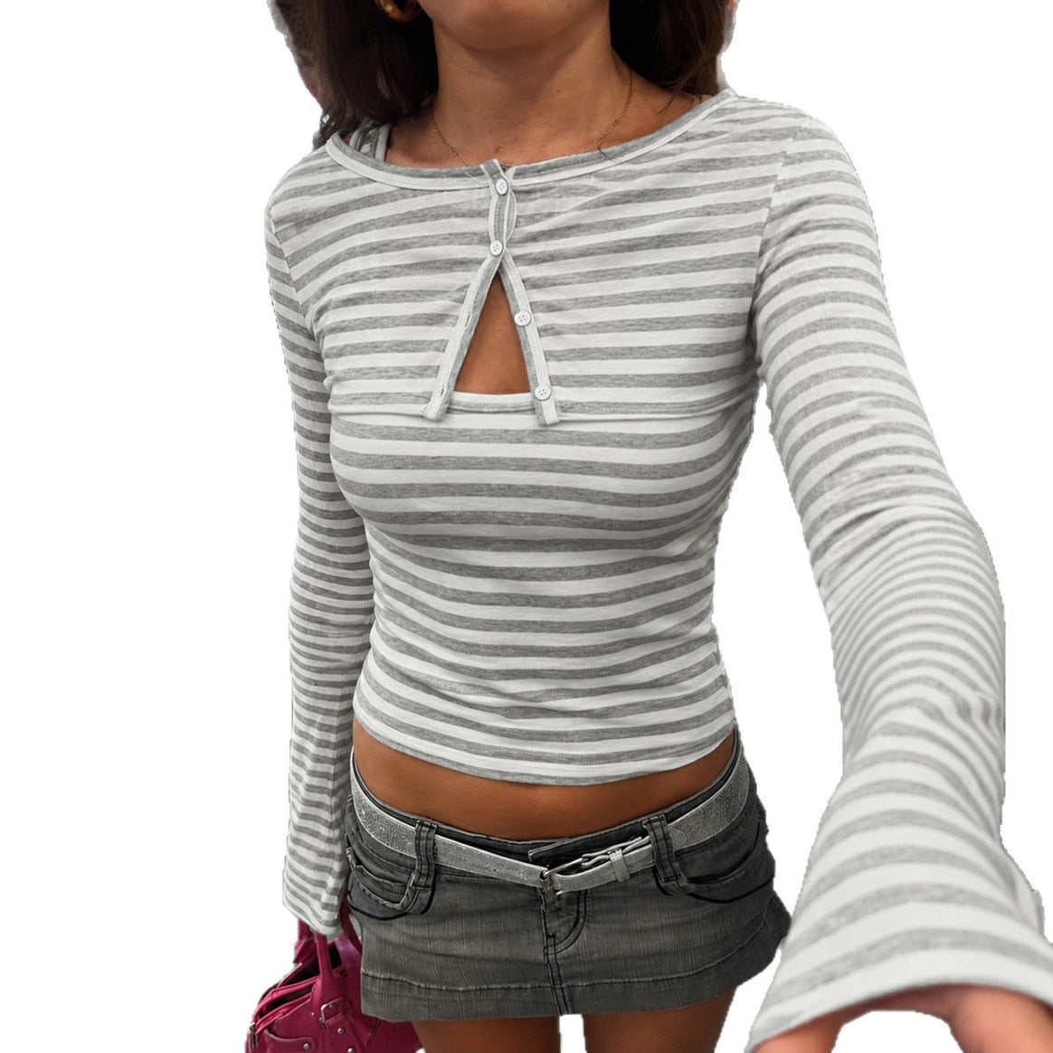 Women's Striped Cropped Long Sleeve Shirt with Boat Neck and Decorative Bow Mune Fashion