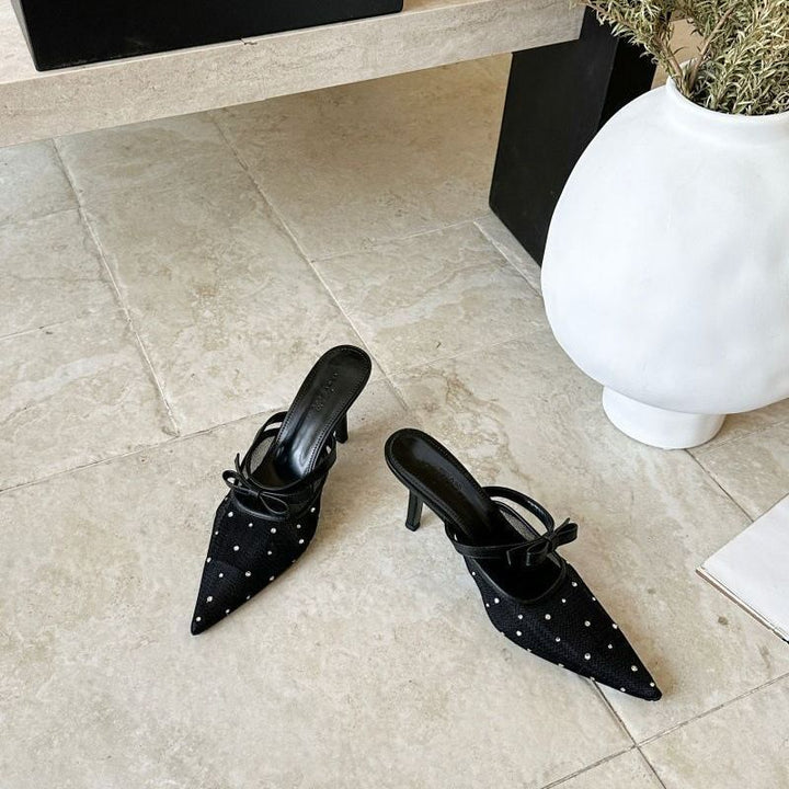 Women Elegant pointed toe Mesh Mules with low Kitten heel and bow strap Mune Fashion