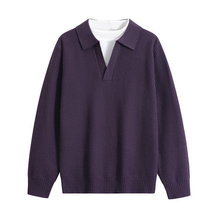 Women's chunky knit pullover with polo collar and V-neck Mune Fashion