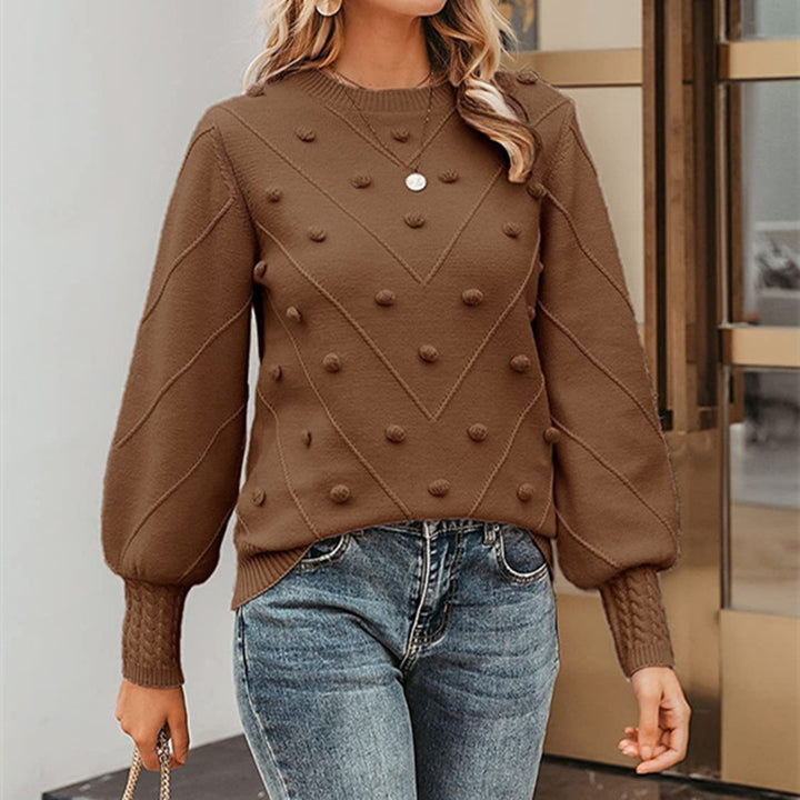 Women's knitted bobble pullover with balloon sleeves and round neck Mune Fashion