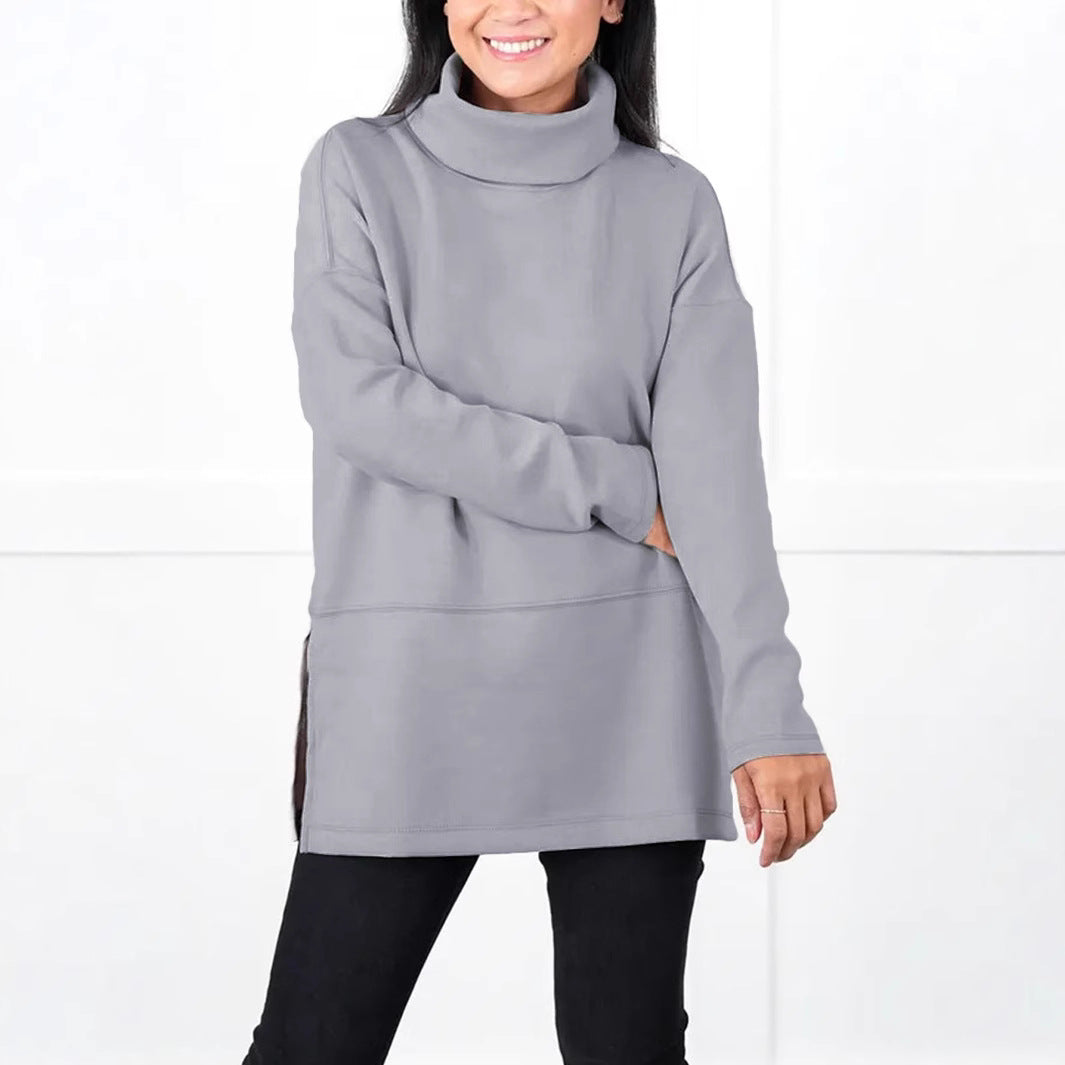 Women's Oversize Sweat Tunic with High Roll Neck, Side Slits and Extended Hem Mune Fashion