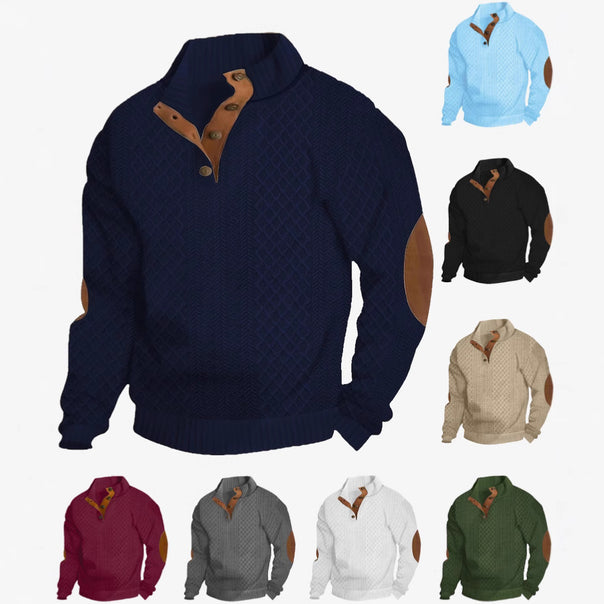 Men's chunky knitted sweater with elbow patches, stand collar and button placket Mune Fashion