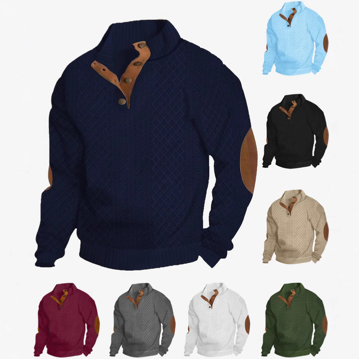 Men's chunky knitted sweater with elbow patches, stand collar and button placket Mune Fashion