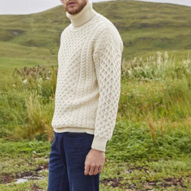 Men's knit pullover with stand-up collar and cable pattern