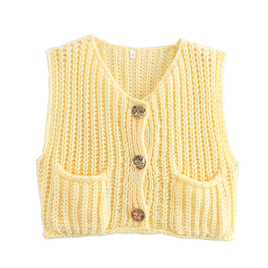 Women's Chunky Knit Cropped Vest with V-Neck and Gold Decorative Buttons Mune Fashion