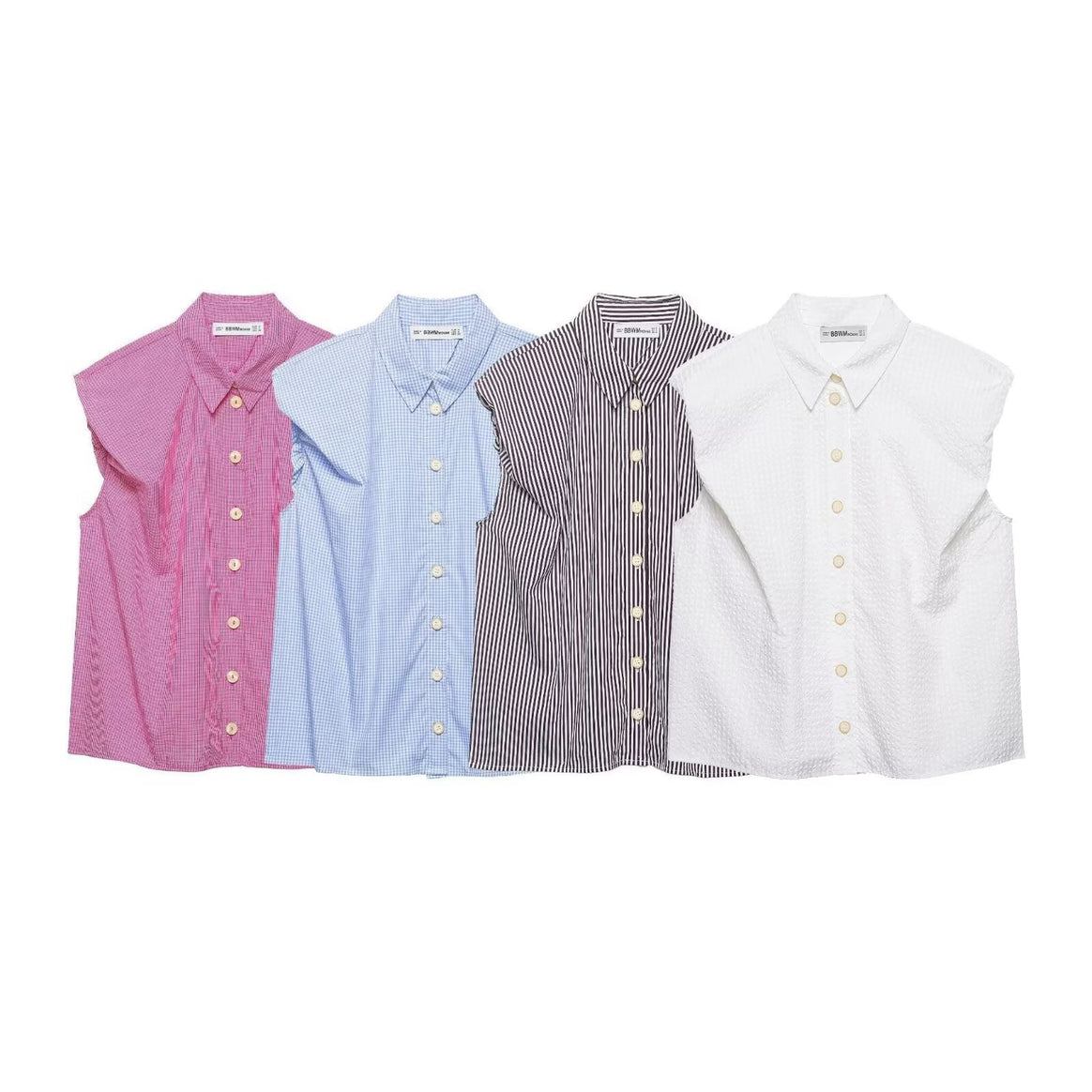 Women sleeveless shirt blouse with vertical striped pattern and continuous button placket Mune Fashion