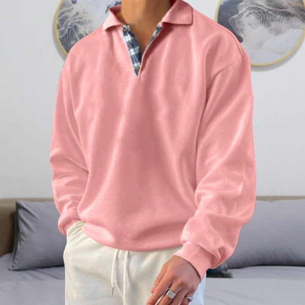 Men's casual long sleeve polo with open V-neck, shirt collar, and check inside placket Mune Fashion