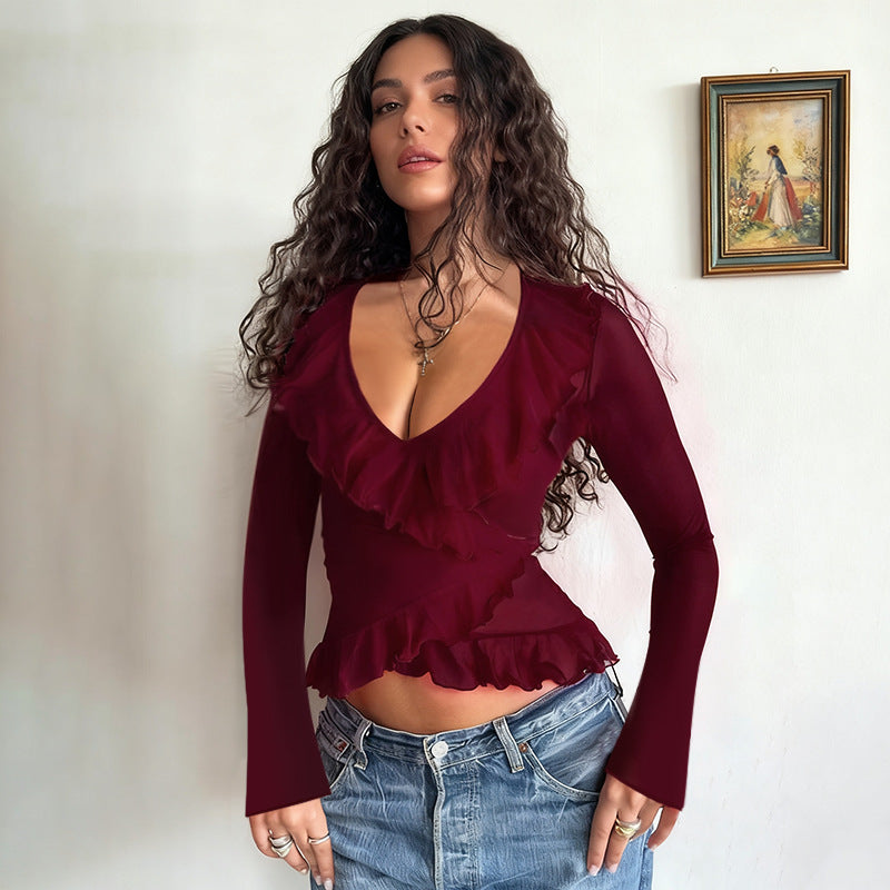 Women's long sleeve shirt with deep V-neck, asymmetric ruffles, and fitted peplum Mune Fashion