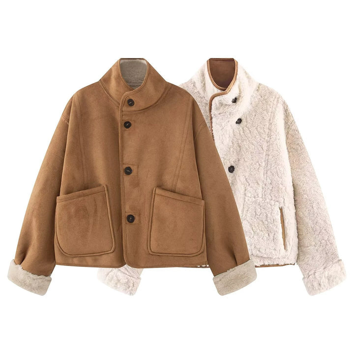 Ladies Short Sheepskin Look Jacket with Stand-Up Collar and Large Patch Pockets Mune Fashion