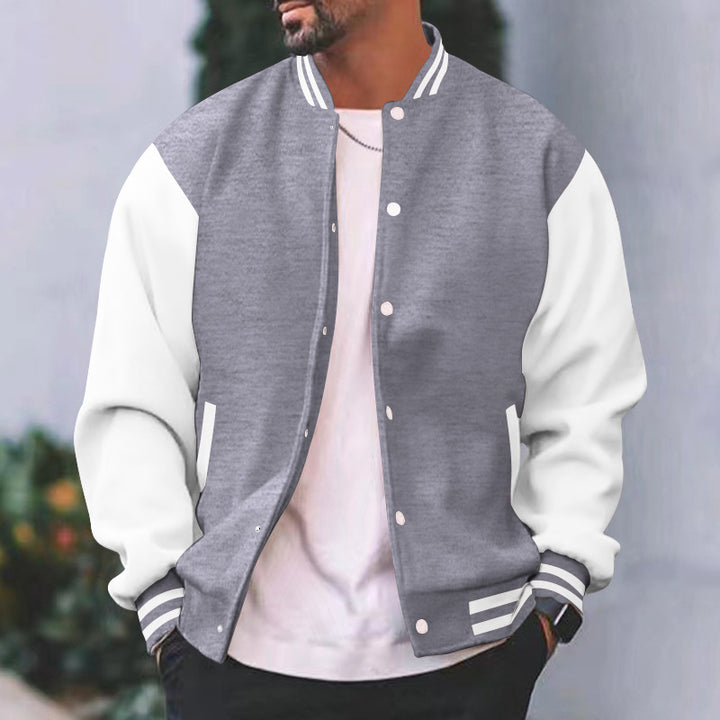Men's nano varsity college jacket in retro bomber style with contrast sleeves, striped ribbed cuffs and snap button placket Mune Fashion