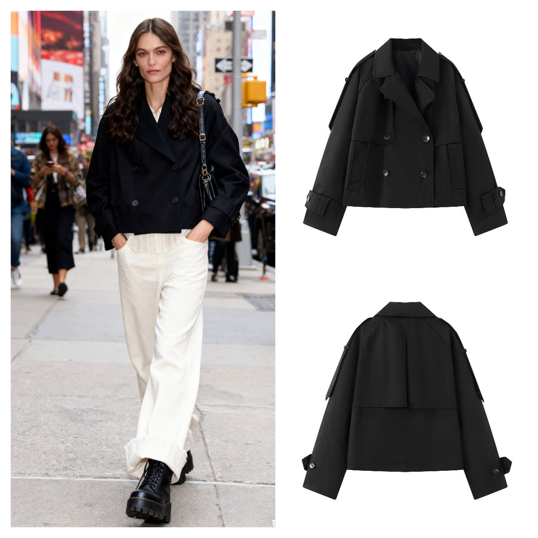 Women Short Cut Cropped Trench Coat with Double-Breasted Button Closure and Epaulets Mune Fashion