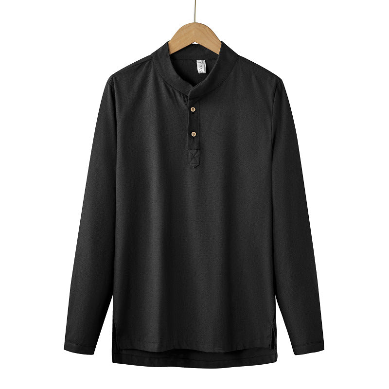 Men's long-sleeved Henley shirt with stand-up collar and concealed button placket made of cotton blend Mune Fashion