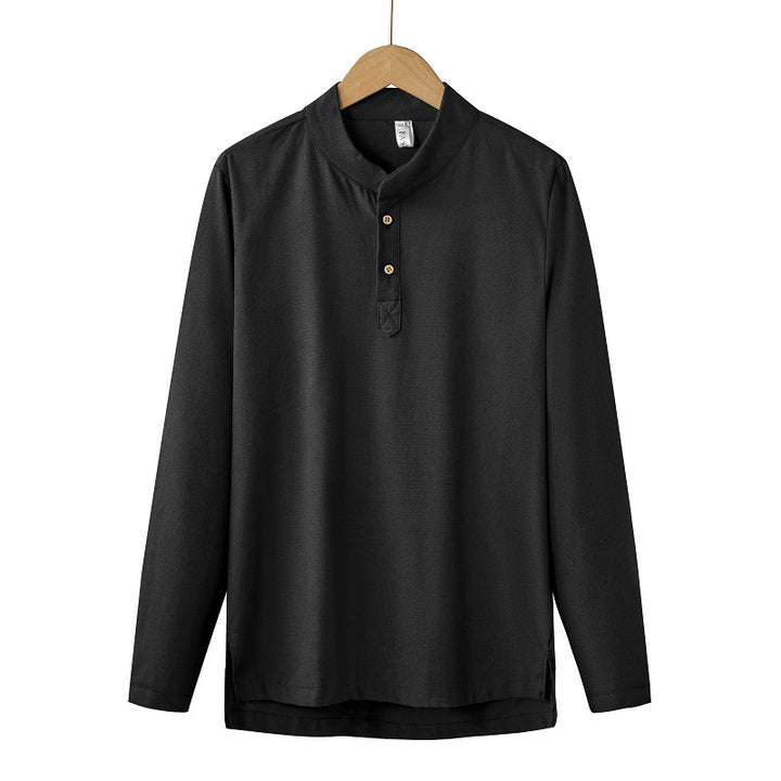 Men's long-sleeved Henley shirt with stand-up collar and concealed button placket made of cotton blend Mune Fashion