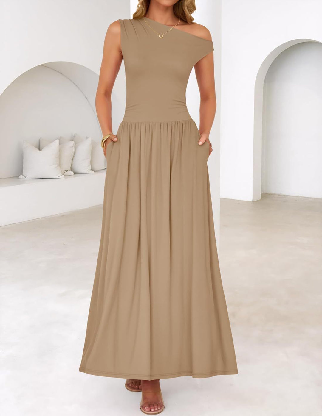 Women Asymmetrical Maxi Dress with One-Shoulder, Waist Emphasis and Side Pockets Mune Fashion
