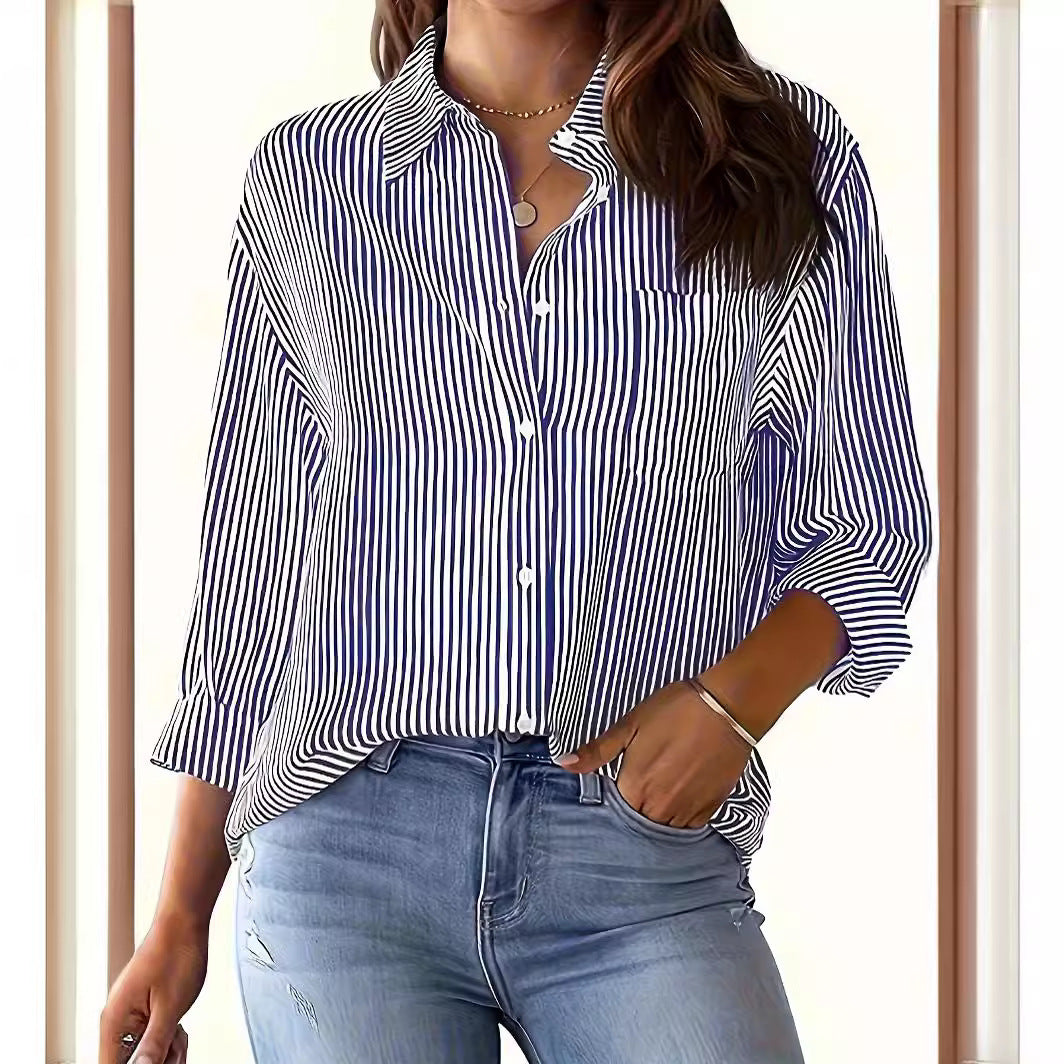 Women's Lightweight Oversized Shirt Blouse with Vertical Stripes, Kent Collar and Three-Quarter Sleeves Mune Fashion